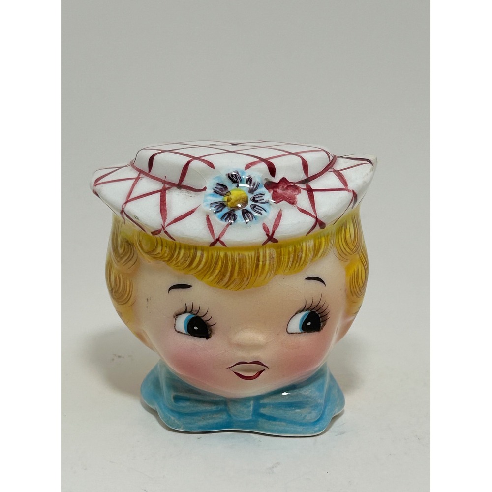 Vintage Lefton miss dainty Ceramic Shaker Blonde Hat Polka Dot Dress Mid Century
